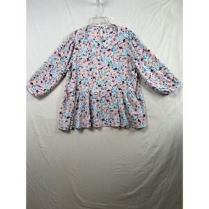 ELLE Peplum Blouse Womens XXL Blue Floral 3/4 Balloon Sleeve Keyhole Crepe Top